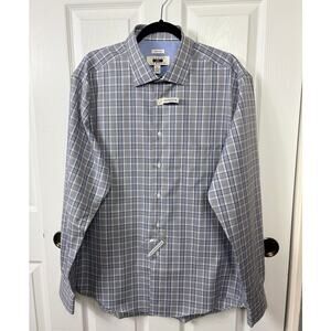 New Joseph Abboud Men's Dress Shirt XL Non Iron Gray Blue Plaid Cotton NWOT